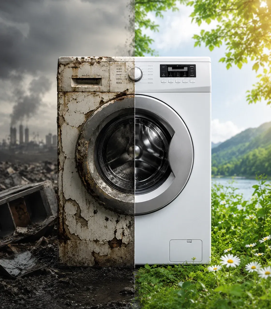Split image contrasting a rusted, decaying washing machine amid wasteland with a pristine washing machine in green, sunlit nature