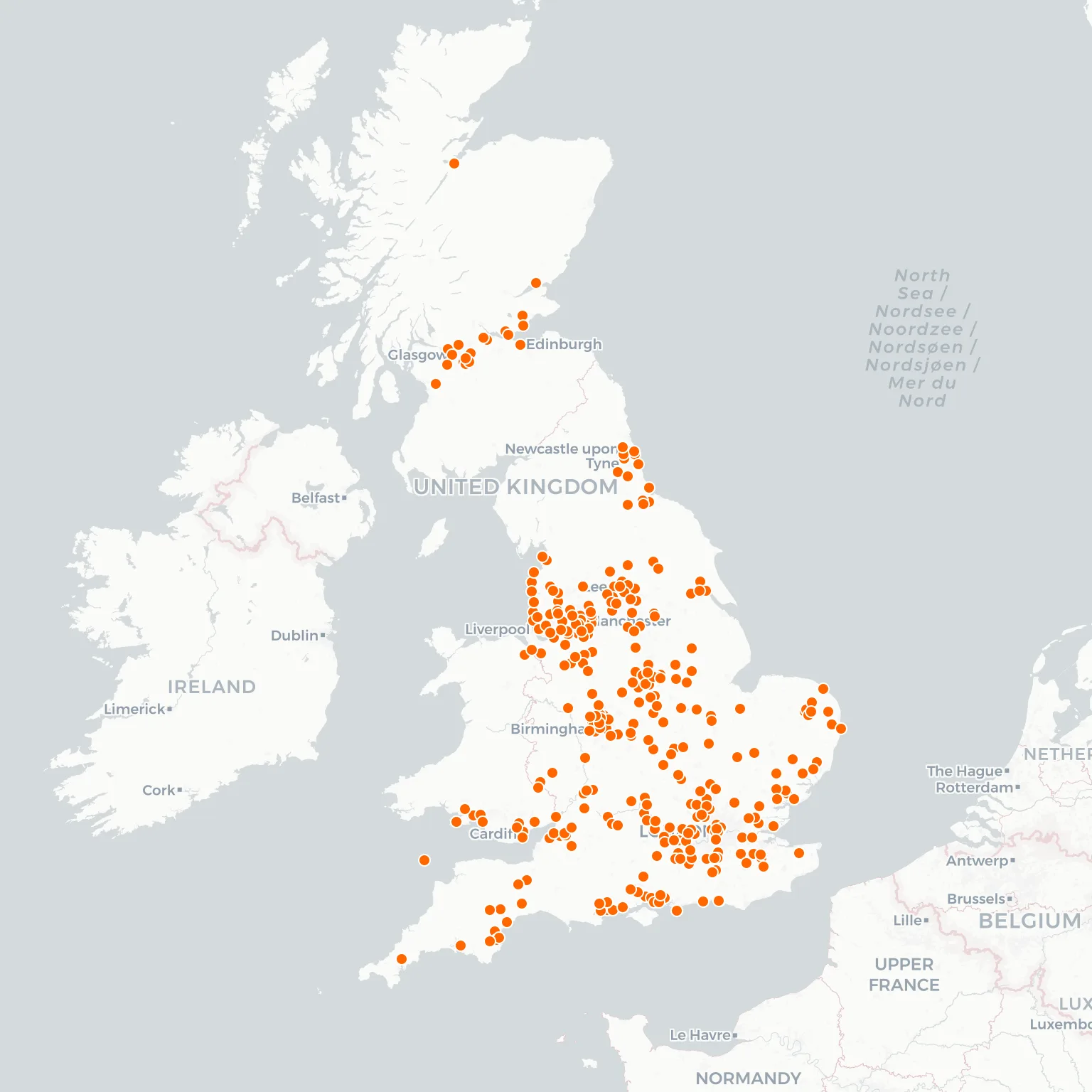 Map of the UK showing NAC's nationwide appliance repair coverage